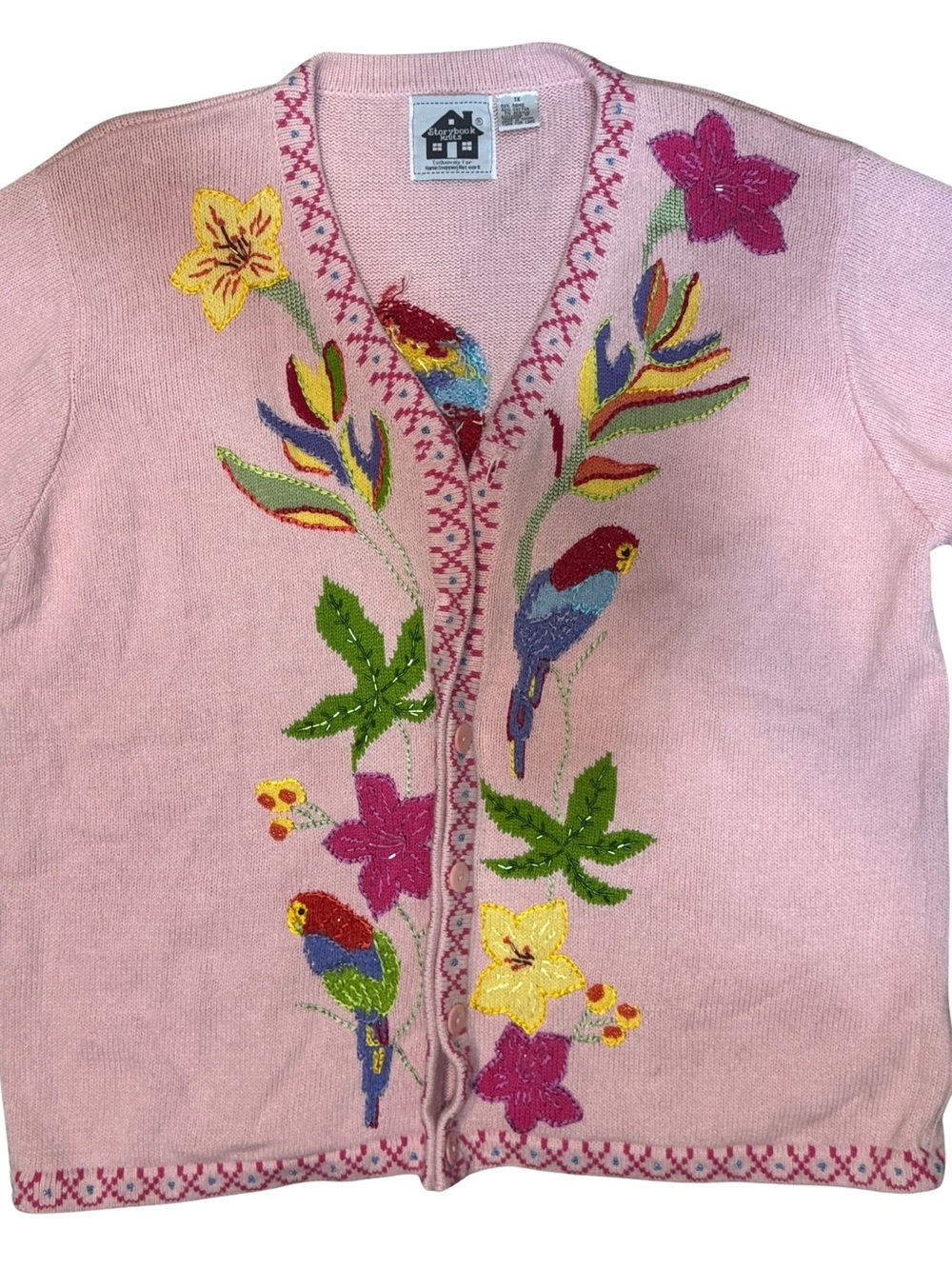 Vintage Storybook Knits Pink Embroidered Parrot & Floral Cardigan RARE